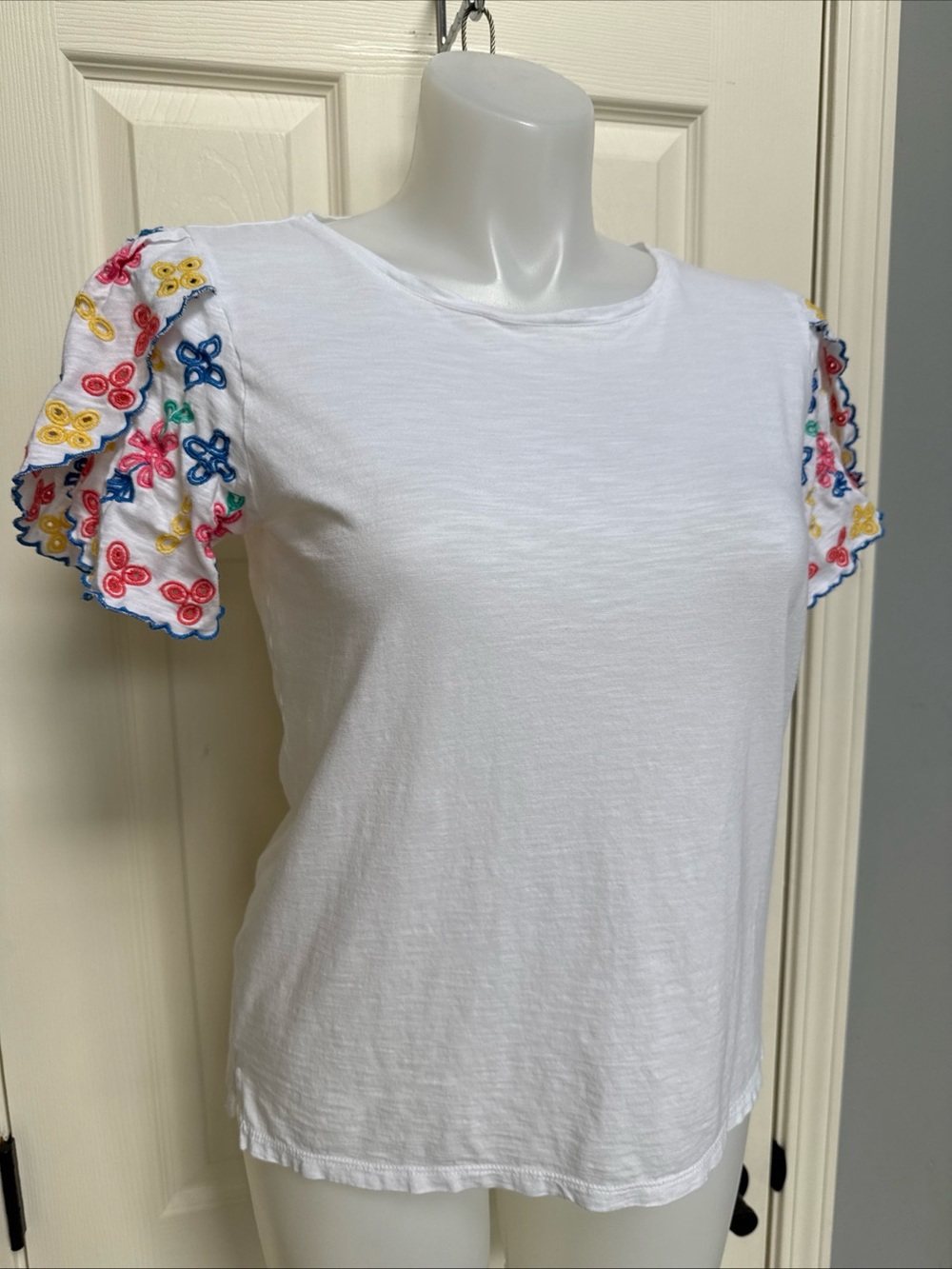 TALBOTS Women White Embroidered‎ Floral Puff Sleeve Boho Tee Top LP PL Petite L